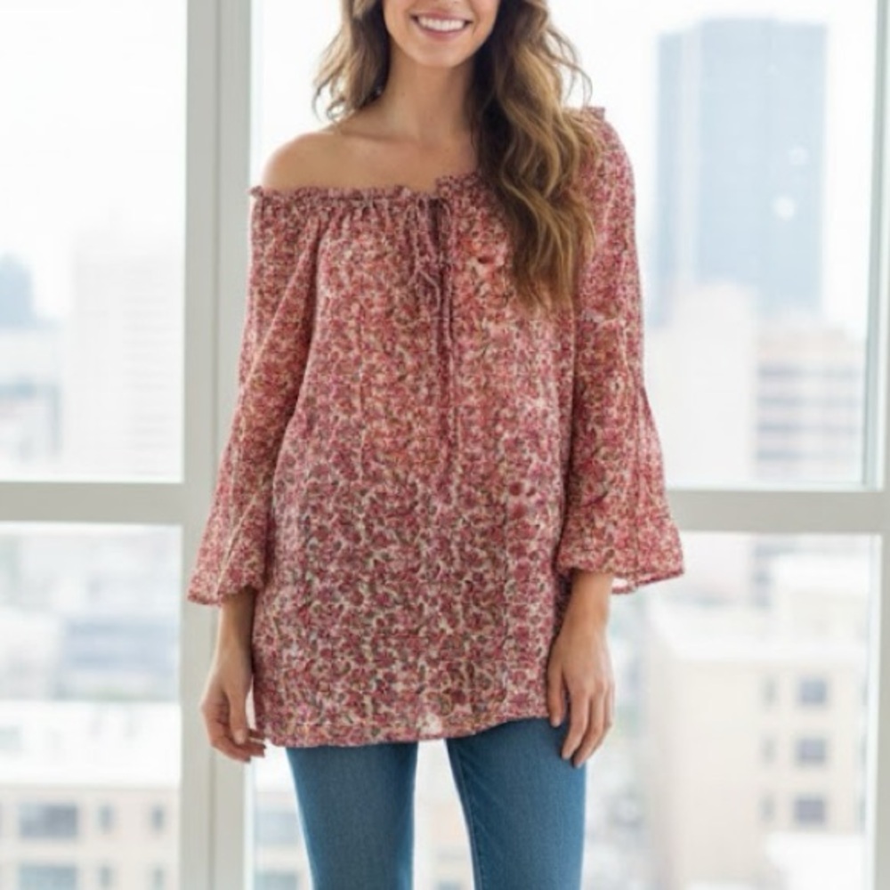 Sundance Pink Floral Long Sleeve Tasseled Tunic Medium